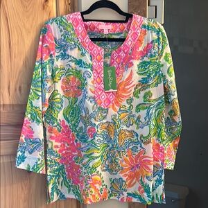Lilly Pulitzer Pink and Blue Blouse with Split V-Neck and 3/4 Sleeves